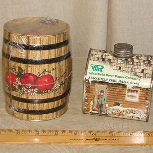 Vtg Tin Apple Barrel Peanut Dispenser +Westfield River Paper Syrup Tin Log Cabin